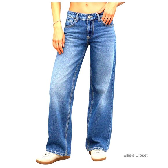 Low-Rise Baggy Jeans High Stretchy Wide Leg Boyfriend Straight Leg Denim Pants